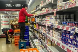 Empleados de un supermercado que organizan productos en los estantes, en Buenos Aires (Argentina). EFE/Juan Ignacio Roncoroni