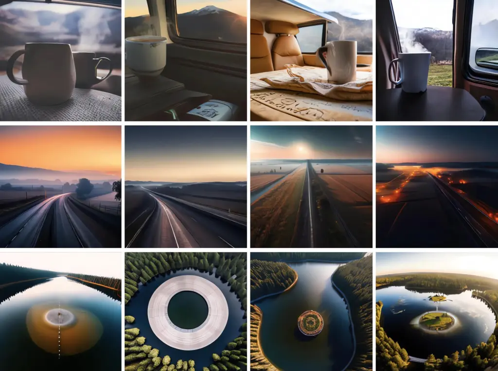 Imagen cedida por Meta (empresa matriz de Facebook) donde se muestra un set de imágenes de una taza de café humeante con montañas al fondo, un hermoso y majestuoso camino durante la puesta de sol, y una pequeña isla circular en medio de un lago rodeada de árboles generadas de texto a imagen con el modelo CM3leon. EFE/Meta