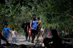 Grupos de personas migrantes caminan en la selva del Darién, para luego ser trasladados en canoa desde la Quebrada León hasta a la comunidad de Bajo Chiquito (Panamá). EFE/Bienvenido Velasco