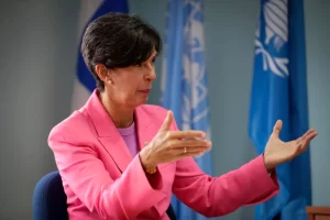 La directora regional del Programa Mundial de Alimentos (PMA), la española Lola Castro habla en una entrevista con EFE, el 14 de julio de 2023, en las oficinas del PMA en ciudad de Panamá (Panamá). EFE/Bienvenido Velasco