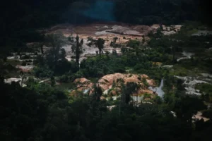 Vista aérea de la destrucción causada por la minería ilegal en la Floresta Ambiental de Altamira, cerca a Itaituba (Brasil). EFE/André Borges