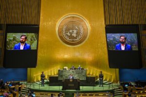El presidente de Chile, Gabriel Boric Font, habla durante el 78° período de sesiones de la Asamblea General de las Naciones Unidas en Nueva York. EFE/EPA/MIGUEL RODRÍGUEZ