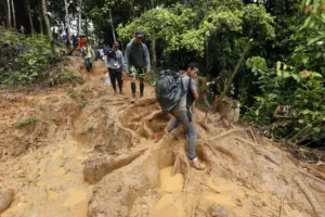 Migrantes suben una montaña con la intención de llegar a Panamá por el Tapón del Darién (Colombia), en una fotografía de archivo. EFE/Mauricio Dueñas Castañeda