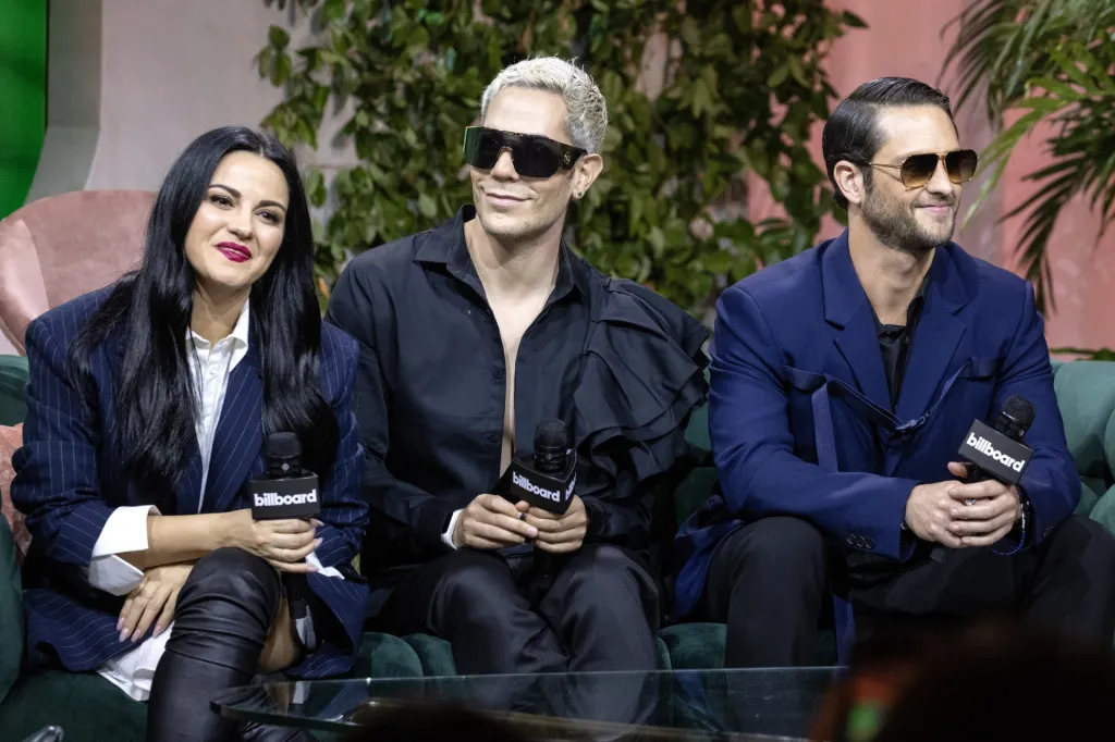 Los mexicanos Maite Perroni, Christian Chávez y Christopher von Uckermann, integrantes del grupo de pop RBD, participan en una conferencia de prensa durante la Semana de la Música Latina de Billboard en el Faena Forum, en Miami Beach, Florida (EE.UU.). EFE/EPA/Cristóbal Herrera-Ulashkevich