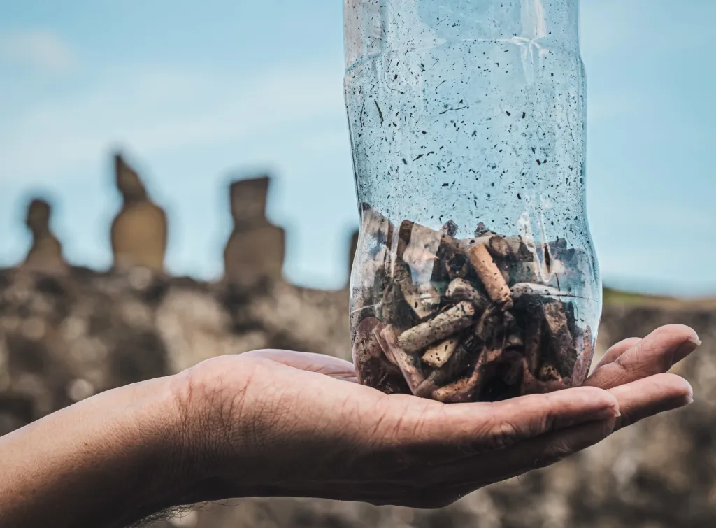 Una persona muestra colillas de cigarrillo durante la limpieza y retiro de basura y escombros que contaminan los océanos en la playa Anakena, el 8 de septiembre 2023 en Isla de Pascua (Chile). EFE/ Cote Villegas