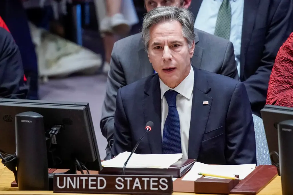 El secretario de Estados de EE.UU. Antony Blinken habla durante una sesión del Consejo de Seguridad de la ONU en Nueva York (EE.UU.). EFE/EPA/EDUARDO MUNOZ