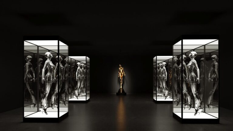 Fotografía cedida por el Museo del sexo donde se muestra la galería 'Máquinas de deseo' compuesta por grandes esculturas hiperrealistas de mujeres del artista estadounidense Hajime Sorayama que algunas de ellas serán presentadas en el Museo del Sexo ubicado en un antiguo almacén industrial del vecindario de Allapatha en Miami, Florida. EFE/The Museum of Sex