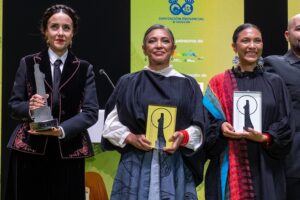 Cecilia Suárez (i), Ángeles Cruz (c) y Myriam Bravo, durante la gala de clausura de la 49 edición del Festival de Cine Iberoamericano de Huelva. EFE/Julián Pérez