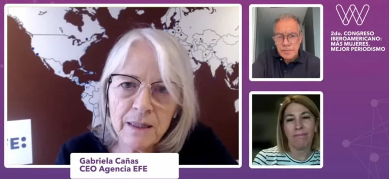 La presidenta de la agencia EFE, Gabriela Cañas, participa vía video llamada este jueves, en el congreso "Más Mujeres, Mejor Periodismo", organizado por la Red Internacional de Mujeres Periodistas y Comunicadoras de Habla Hispana (WINN). EFE/ Congreso Iberoamericano