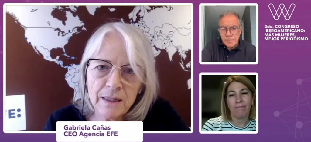 La presidenta de la agencia EFE, Gabriela Cañas, participa vía video llamada este jueves, en el congreso "Más Mujeres, Mejor Periodismo", organizado por la Red Internacional de Mujeres Periodistas y Comunicadoras de Habla Hispana (WINN). EFE/ Congreso Iberoamericano