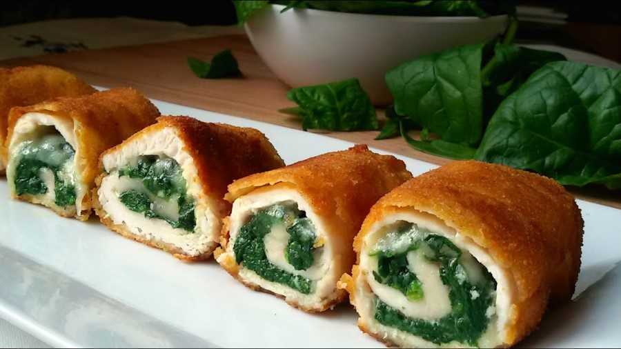 Rollos de pollo rellenos de espinaca y queso