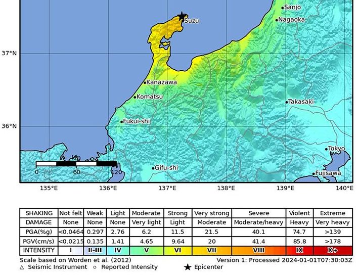 Imagen que muestra la ubicación de un terremoto que azotó la región de Noto en la prefectura de Ishikawa. EFE/EPA/USGS