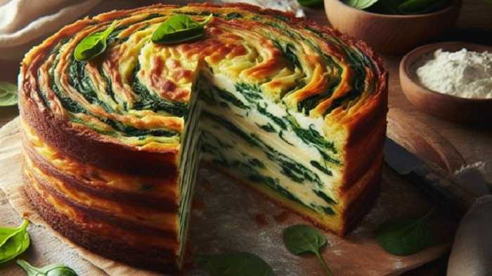 Tarta de queso y espinacas con masa de remolacha