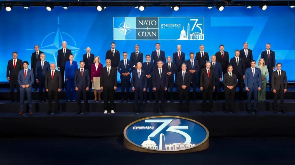 El presidente estadounidense Joe Biden, el secretario general de la OTAN, Jens Stoltenberg y líderes de los países miembros de la OTAN posan para una fotografía en la reunión anual de 2024 de la OTAN en Washington, DC, EE.UU., el 10 de julio de 2024.EFE/EPA/Jim Lo Scalzo