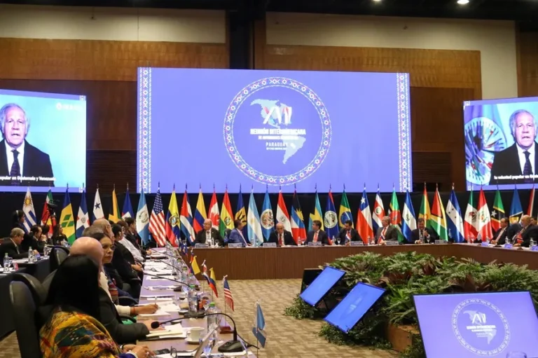 El secretario general de la OEA, Luis Almagro, envía un mensaje a través de un video durante la XVII Reunión Interamericana de Autoridades Electorales RAE este martes en Luque (Paraguay). EFE/ Nina Osorio