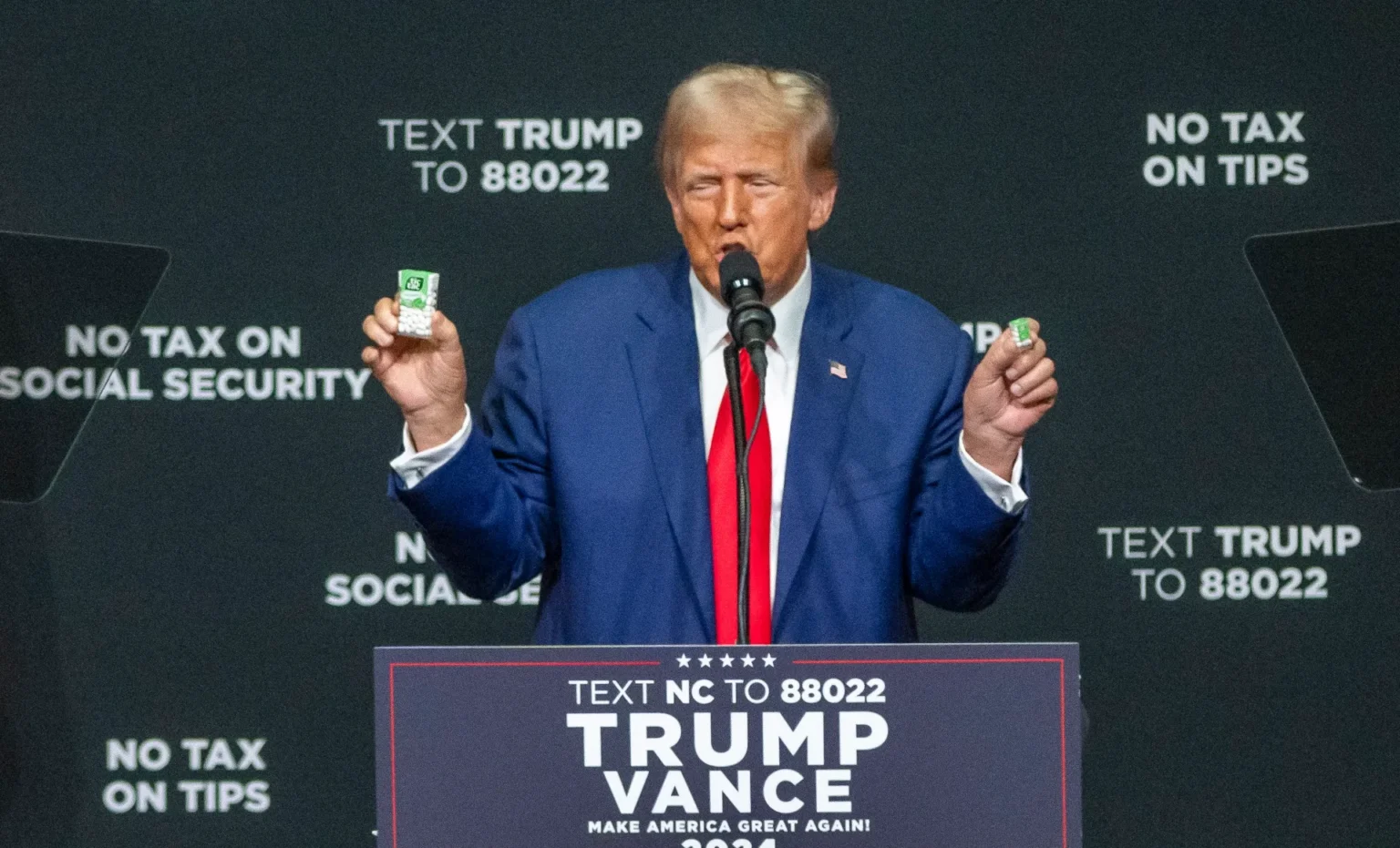 El candidato presidencial republicano Donald Trump aplaude en un acto de campaña en Carolina del Norte (EE.UU.). EFE/EPA/Sean Meyers