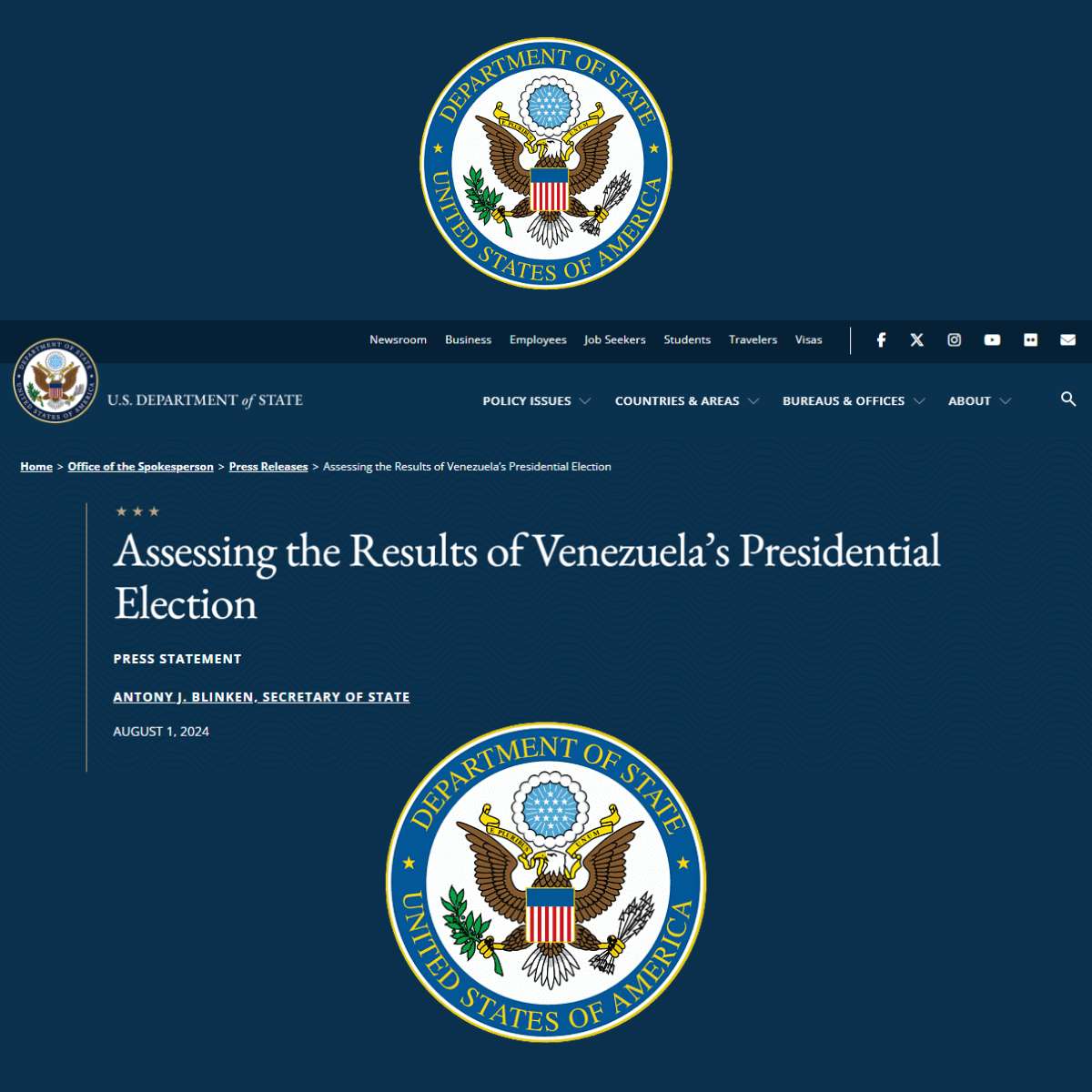 Estados Unidos EEUU reconoce a Edmundo González como ganador de las elecciones presidenciales de Venezuela