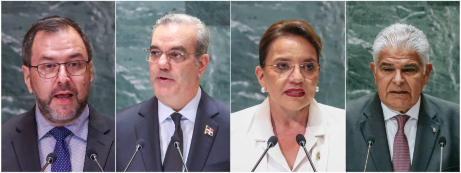 Combo de fotografías donde se ven, desde la izquierda, el ministro de Relaciones Exteriores de Venezuela, Yvan Gil; el presidente de República Dominicana, Luis Abinader; la presidenta de Honduras, Xiomara Castro, y el presidente de Panamá, José Raúl Mulino. EFE/Sarah Yenesel/Olga Fedorova