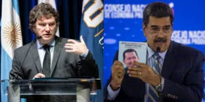 Combo de dos fotografías de archivo de los presidentes de Argentina, Javier Milei (i), y de Venezuela, Nicolás Maduro. EFE/ Cristóbal Herrera-Ulashkevich/Miguel Gutiérrez