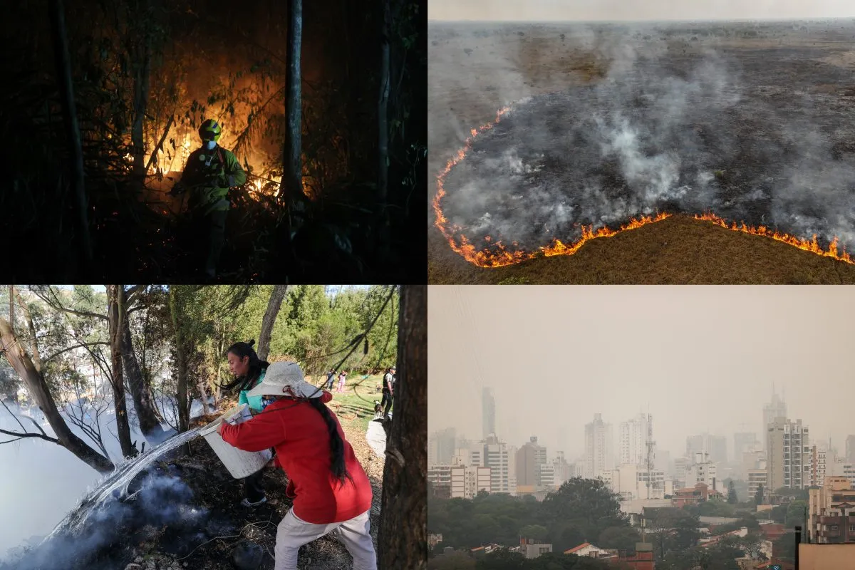 Combo de fotografías de archivo que muestra un bombero trabajando en apagar un incendio en Bolivia (i-arriba), fotografía con un dron de un incendio en una zona de la Amazonía, Brasil (arriba-d), residentes ayudan a mitigar el fuego en Quito, Ecuador (i-abajo) y la contaminación en la ciudad por los incendios en Asunción, Paraguay. EFE/Luis Gandarillas/Sebastiao Moreira/José Jacome/Juan Pablo Pino