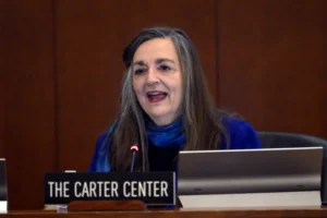 La asesora principal para América Latina del Centro Carter, Jennie Lincoln, habla este miércoles durante una sesión regular del Consejo Permanente de la Organización de los Estados Americanos (OEA), en Washington (Estados Unidos). EFE/Lenin Nolly