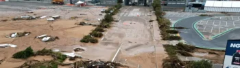 El circuito de MotoGP de Valencia (España), destrozado tras las lluvias torrenciales e inundaciones en la zona.