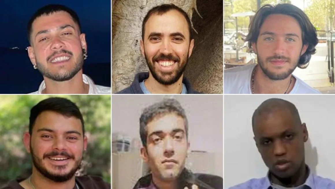 Fila superior, de izquierda a derecha: Eliya Cohen, Tal Shoham y Omer Shem Tov. Fila inferior, de izquierda a derecha: Omer Wenkert, Hisham al-Sayed y Avera Mengistu. Foro de Rehenes y Familias Desaparecidas.