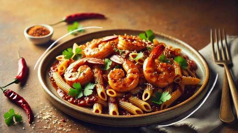 Pasta con camarones al guajillo