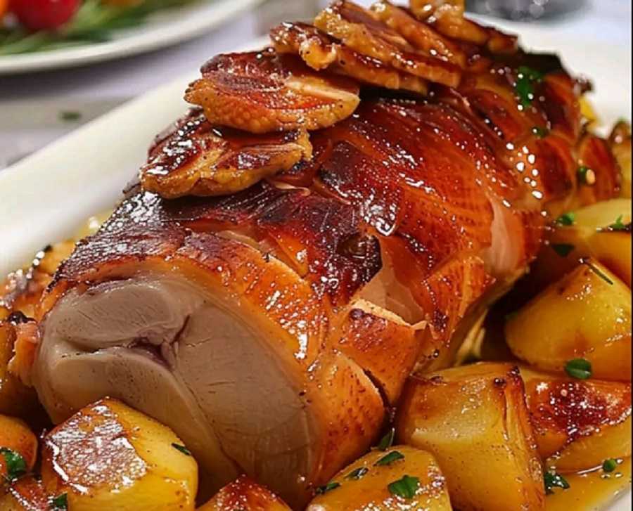 Pernil de cerdo asado con salsa de piña y jengibre