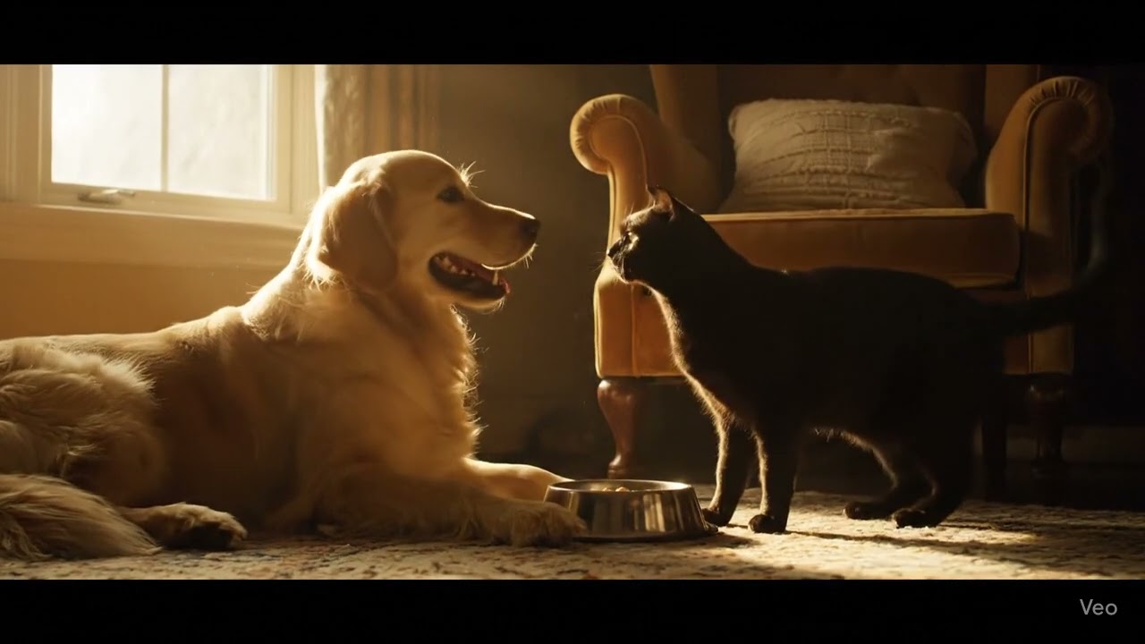 Perro ofrece comida a gato